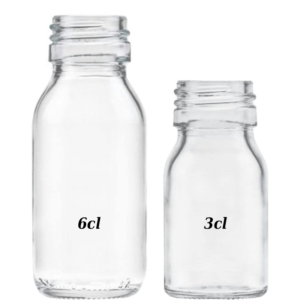 3 and 6cl Sample bottle in clear glass without lid
