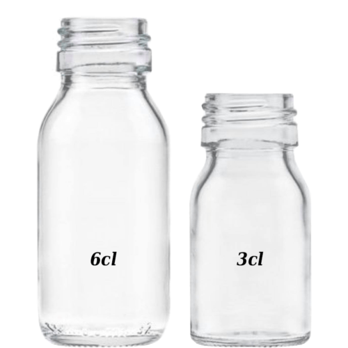 3 and 6cl Sample bottle in clear glass without lid