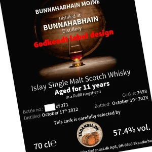 Bunnahabhain Moine 11 år 57,4% 2012-2023 label - Fadandel.dk